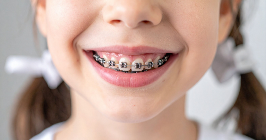 Close-up of a child's mouth with braces smiling, showing white teeth with metal brackets and wires.