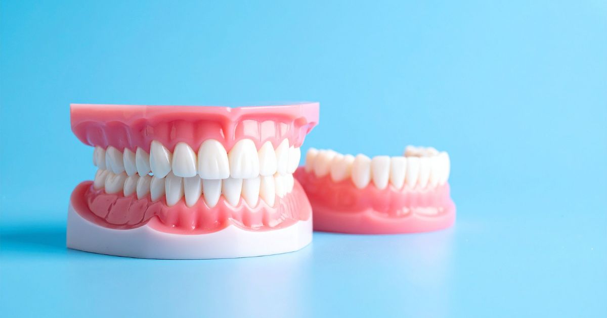 Full and partial dentures shown side by side at Designer Smiles Inc